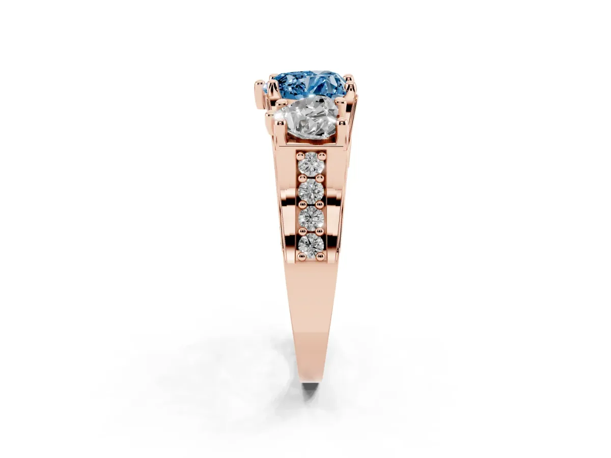 Fancy Blue Heart Cut Diamond Three-Stone Ring with Channel Set Band and Four-Prong Setting Rose gold