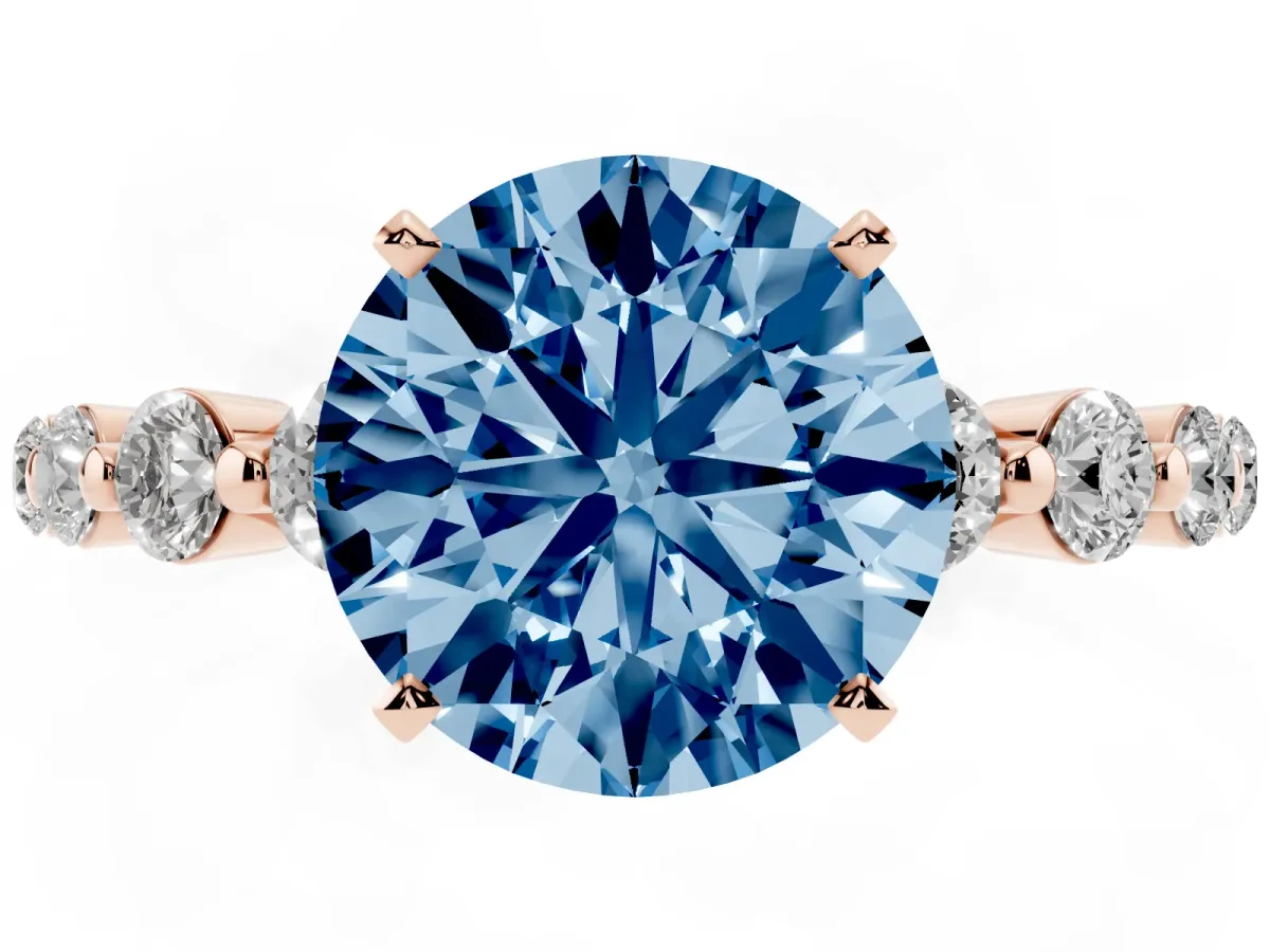 Fancy Blue Round Cut Solitaire Diamond Ring with Pave Band and Four-Prong Setting Rose gold