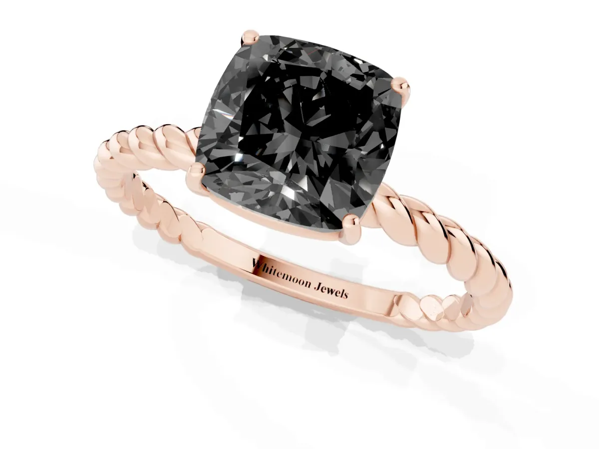 Fancy Black Cushion Cut Solitaire Twisted Band 4-Prong Ring Rose gold