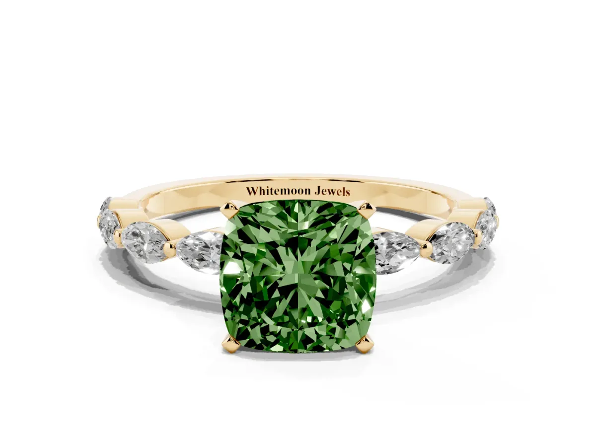 Fancy Green Cushion Cut Diamond Ring with Marquise Side Stones and Prong Setting Yellow gold