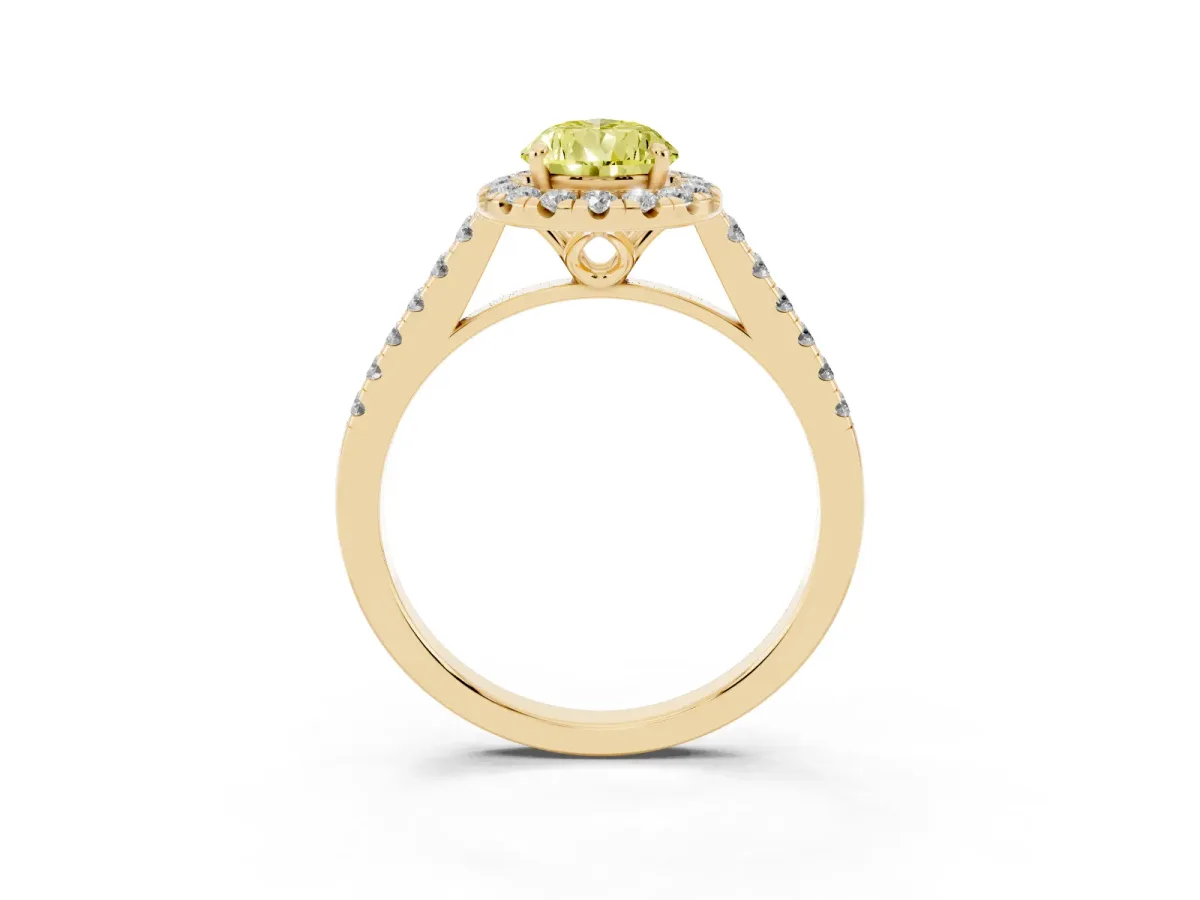 Fancy Yellow Pear Cut Halo Pavé Diamond Engagement Ring with Four-Prong Setting Yellow gold