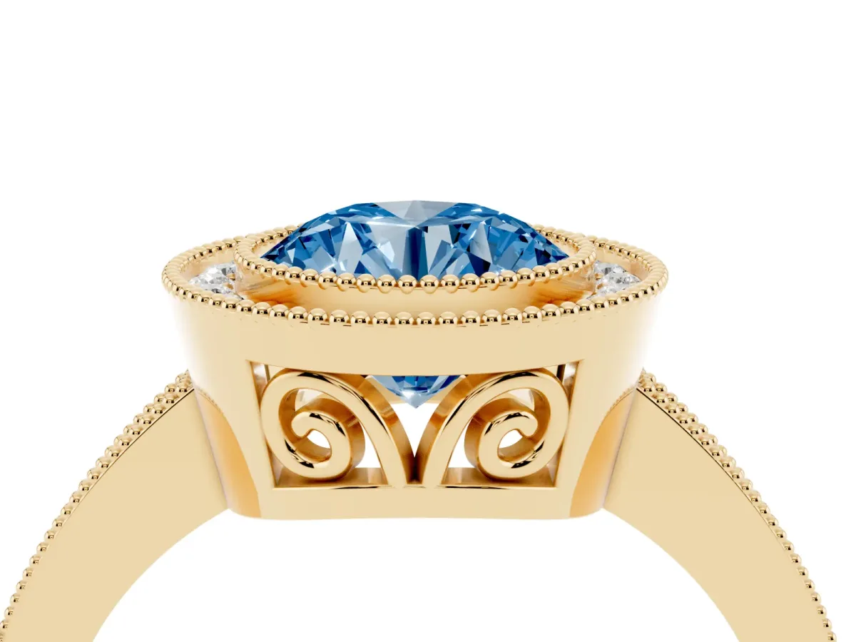 Fancy Blue Round Cut Cut Halo Diamond Ring with Pavé Band and Milgrain Prong Setting Yellow gold