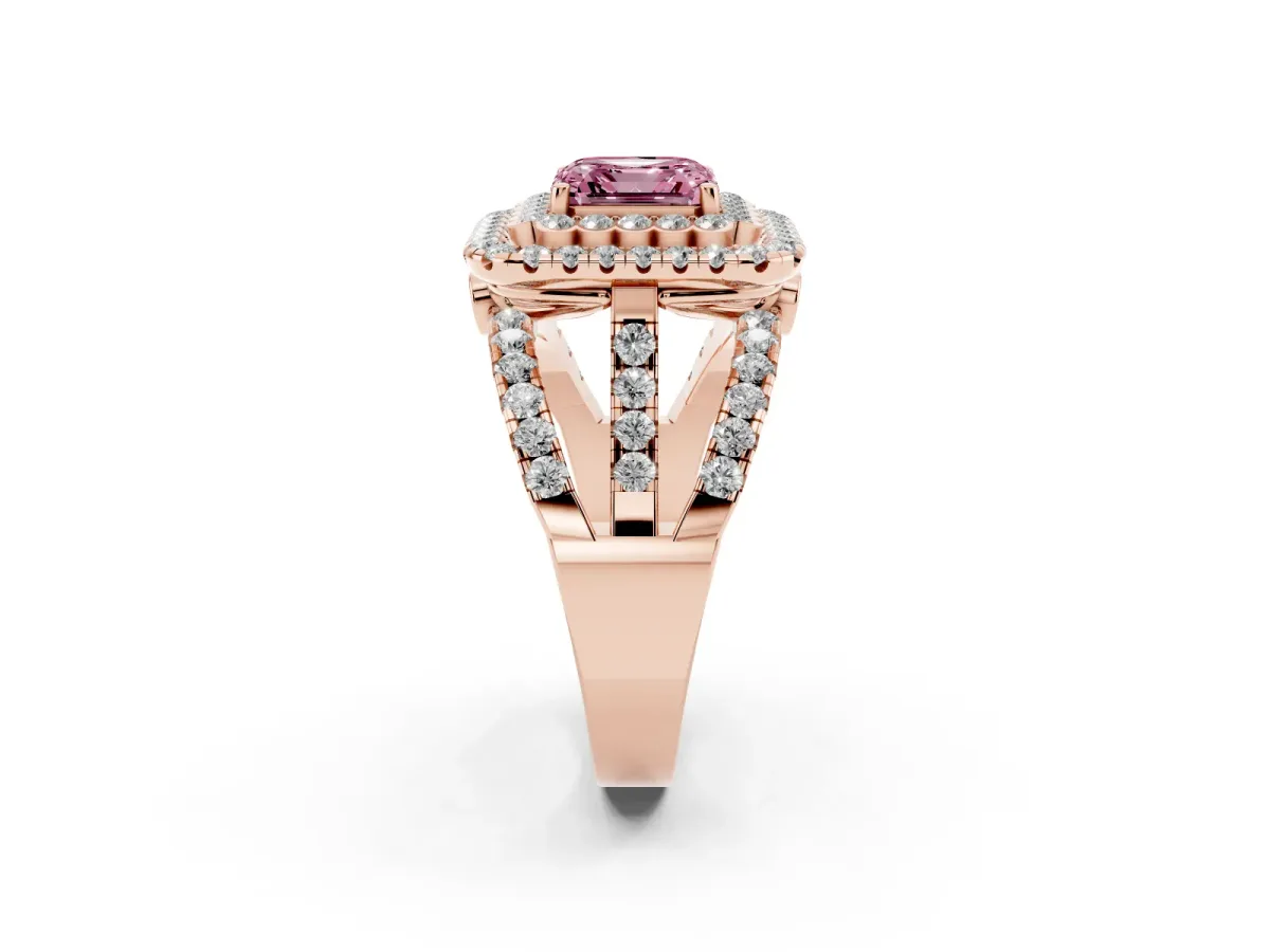 Fancy Pink Asscher Cut Diamond Double Halo Ring with Round Pavé Split Shank and Prong Setting Rose gold