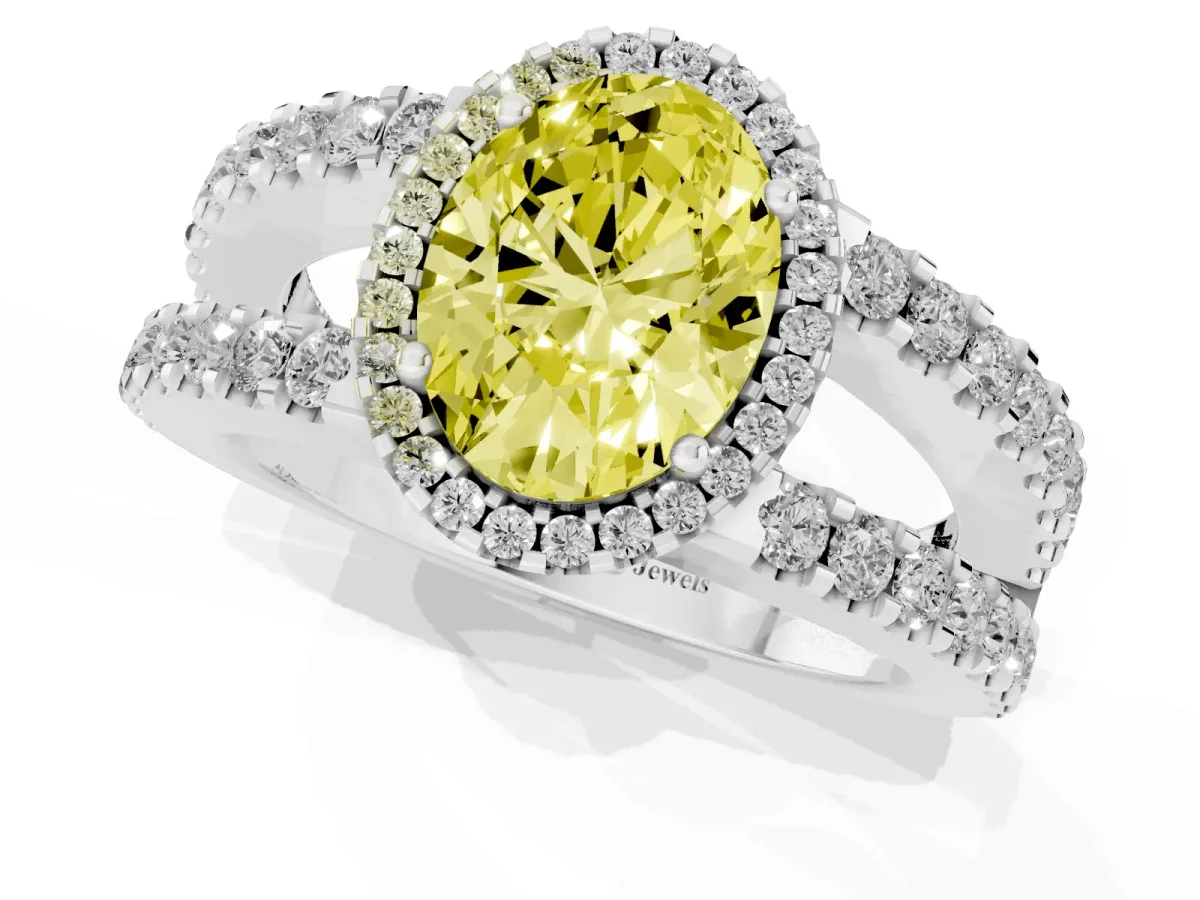 Fancy Yellow Oval Cut Cut Halo Split Shank Diamond Ring with Four-Prong Setting White gold