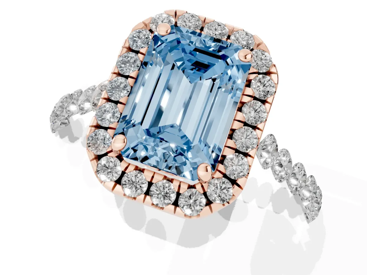 Fancy Blue Emerald Cut Halo Pavé Diamond Engagement Ring with Four-Prong Setting Rose gold