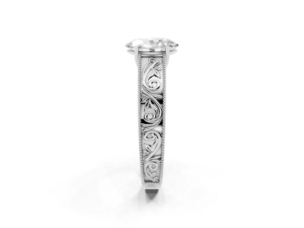Oval Cut Diamond Solitaire Ring with Engraved Band and Four-Prong Setting Silver