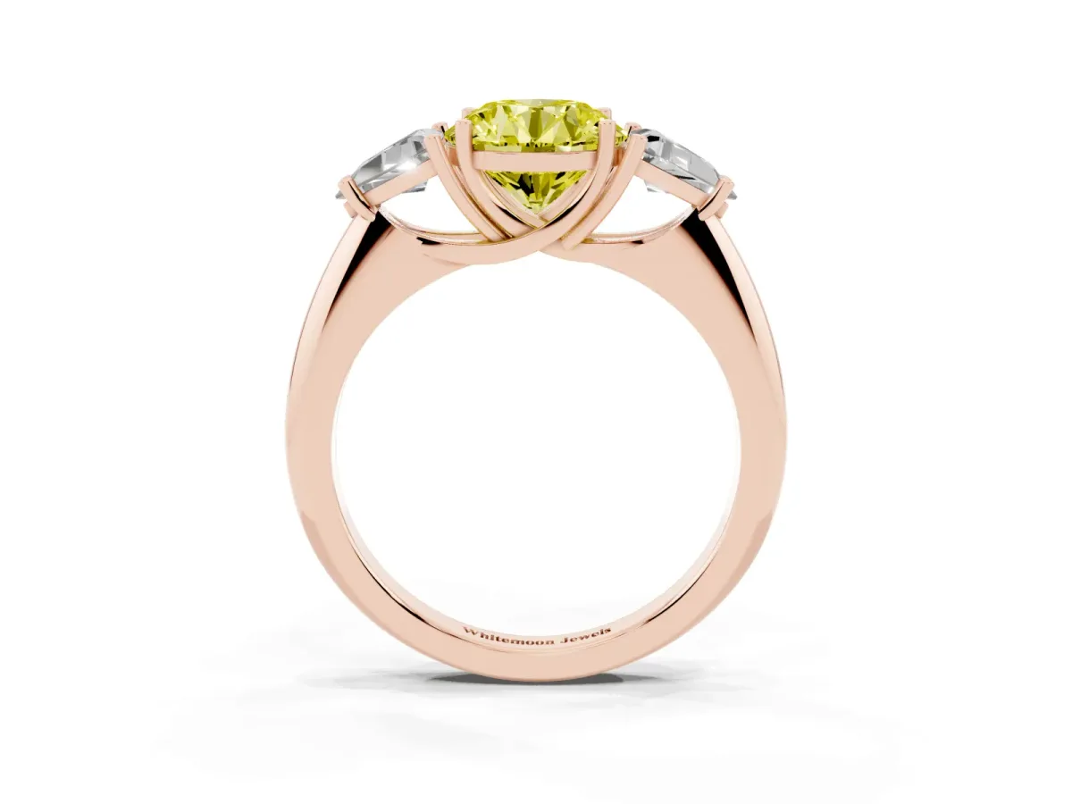 Fancy Yellow Three-Stone Round Cut Diamond Engagement Ring with Trillion Side Stones and Prong Setting Rose gold