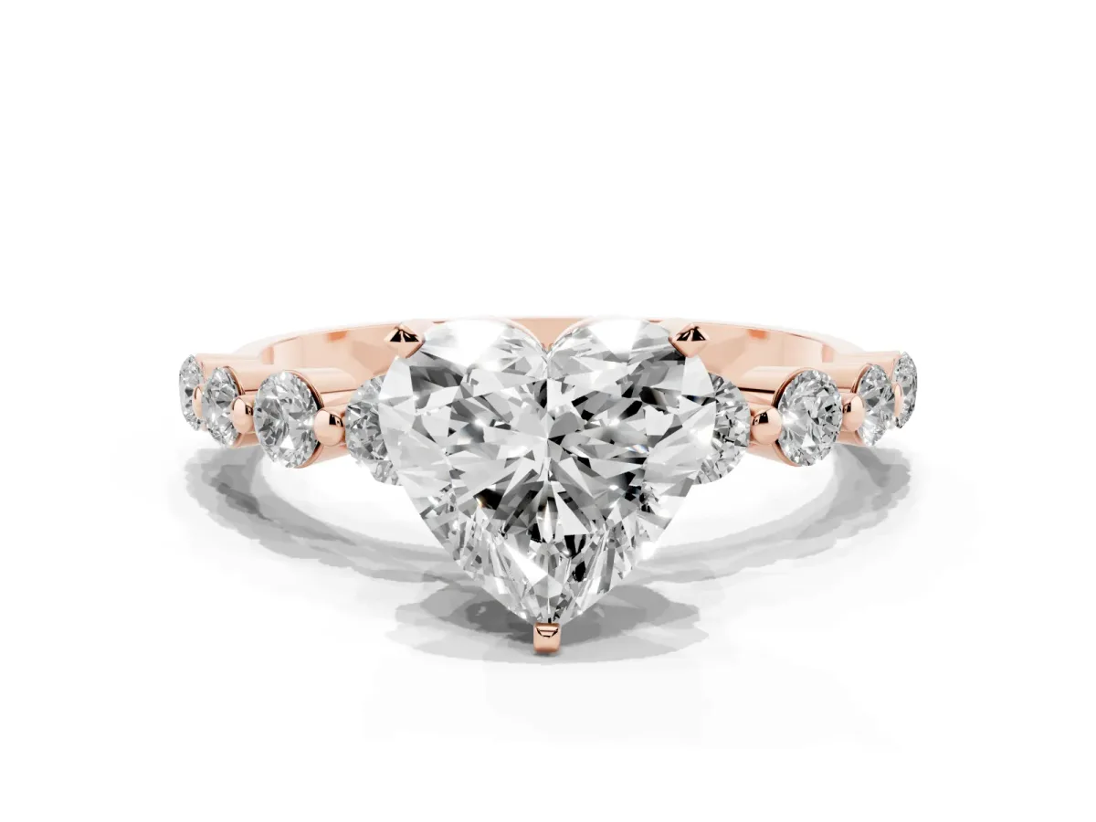 Heart Cut Solitaire Diamond Ring with Pave Band and Four-Prong Setting Rose gold