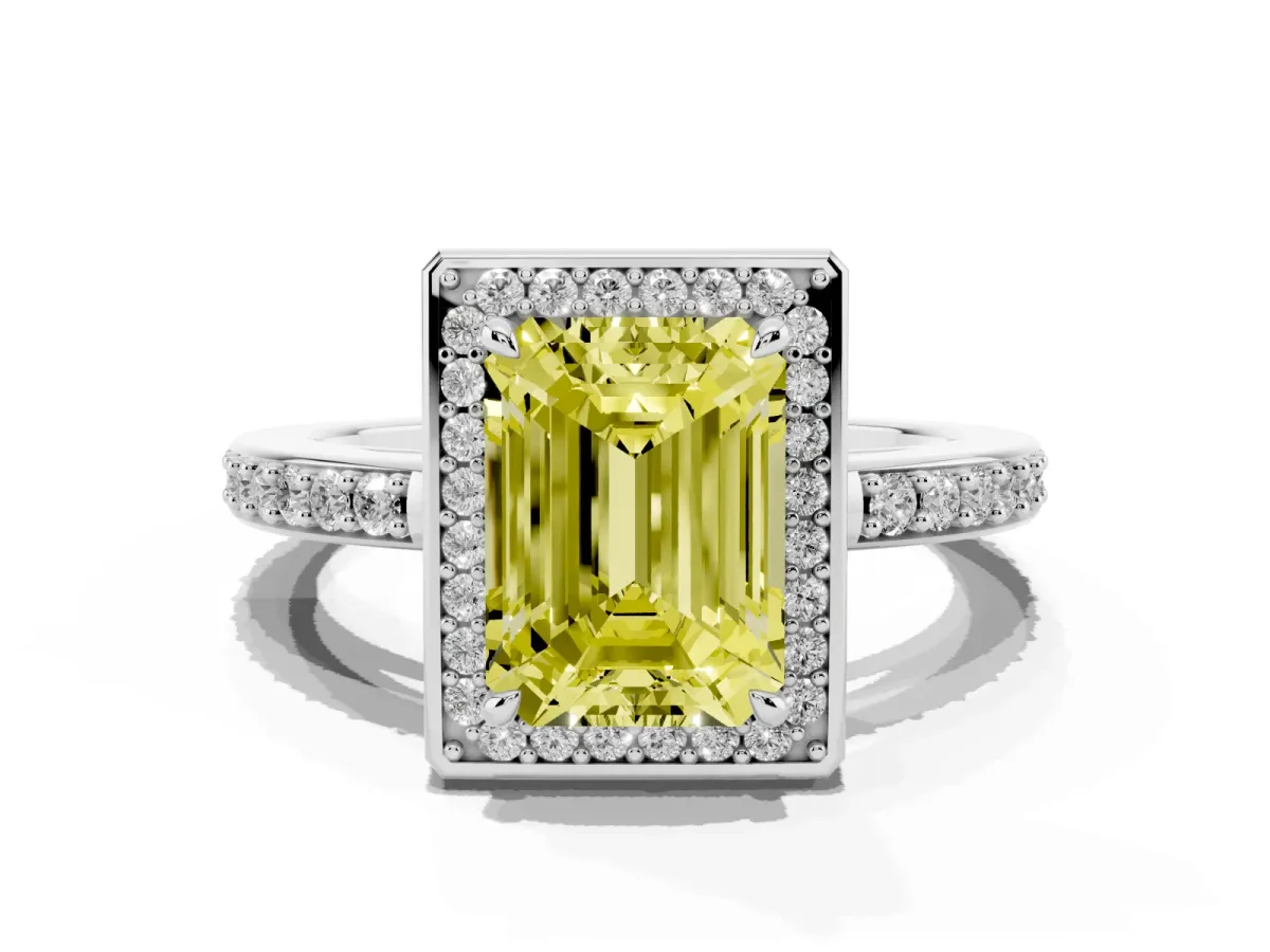 Fancy Yellow Emerald Cut Halo Pave Band Solitaire Ring with Prong Setting Silver