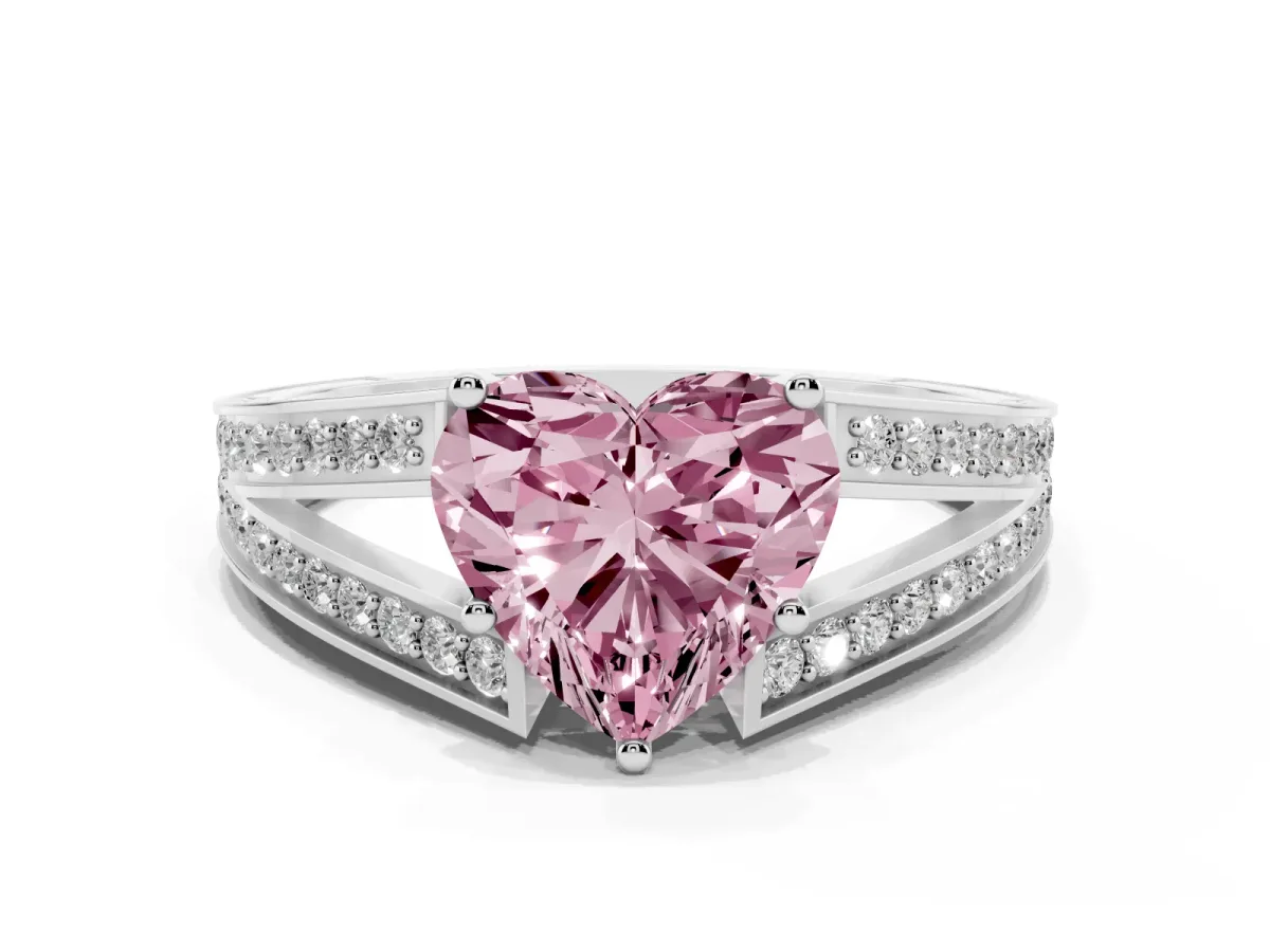 Fancy Pink Heart Cut Diamond Split Shank Ring with Pavé Band and Four-Prong Setting Silver
