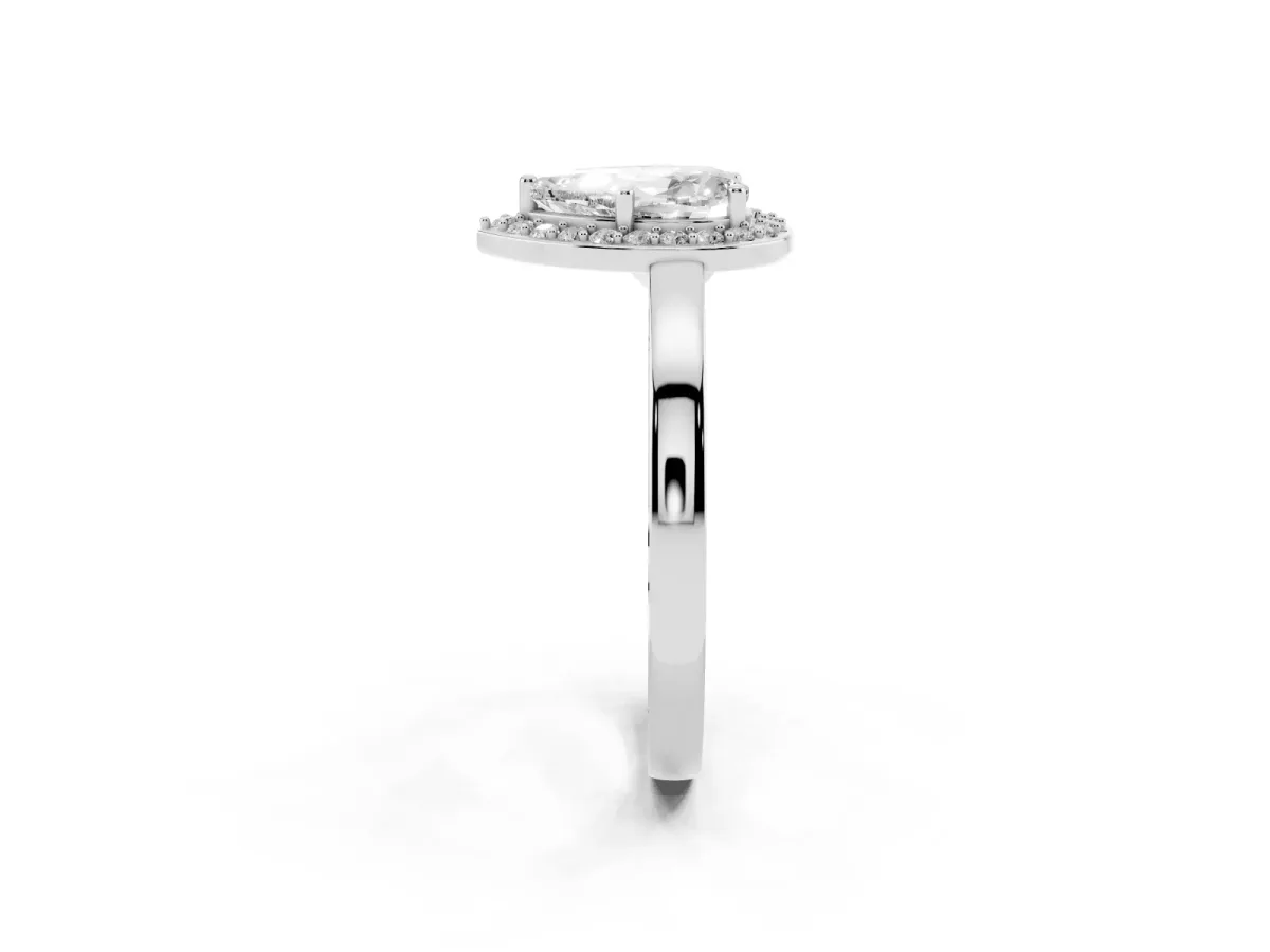 Pear Cut Halo Diamond Ring with Solitaire Band and Prong Setting Silver