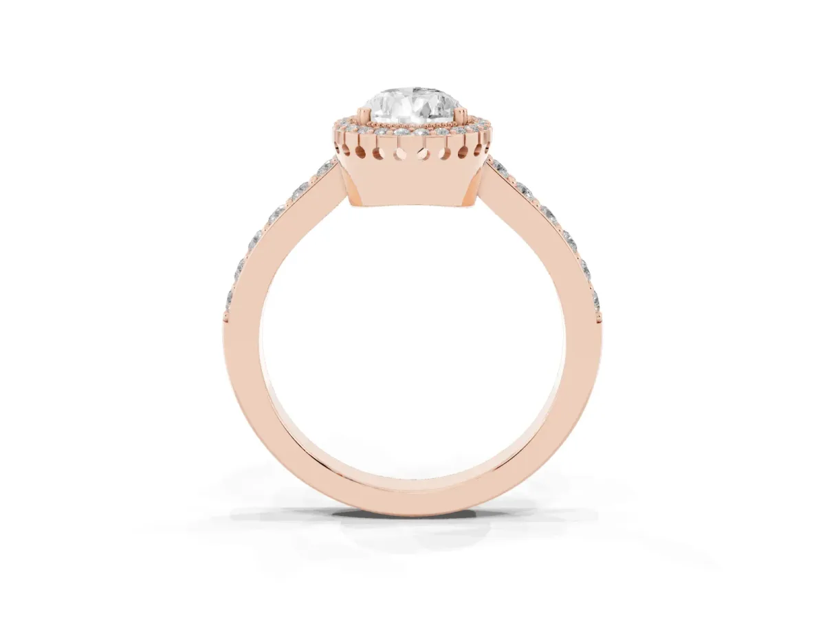 Pear Cut Cut Diamond Halo Engagement Ring with Milgrain Detail and Pavé Band Rose gold