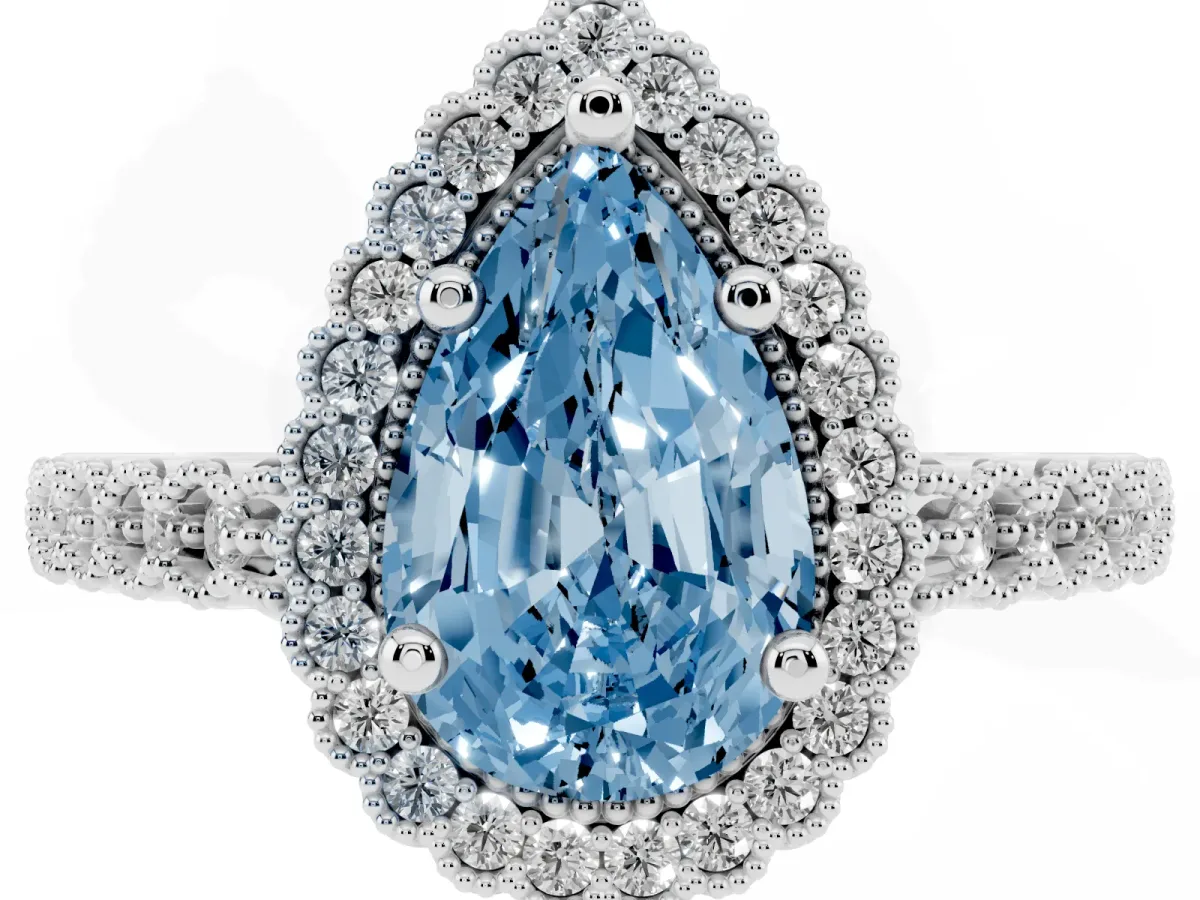 Fancy Blue Pear Cut Cut Halo Pavé Solitaire Ring with Milgrain Band Silver