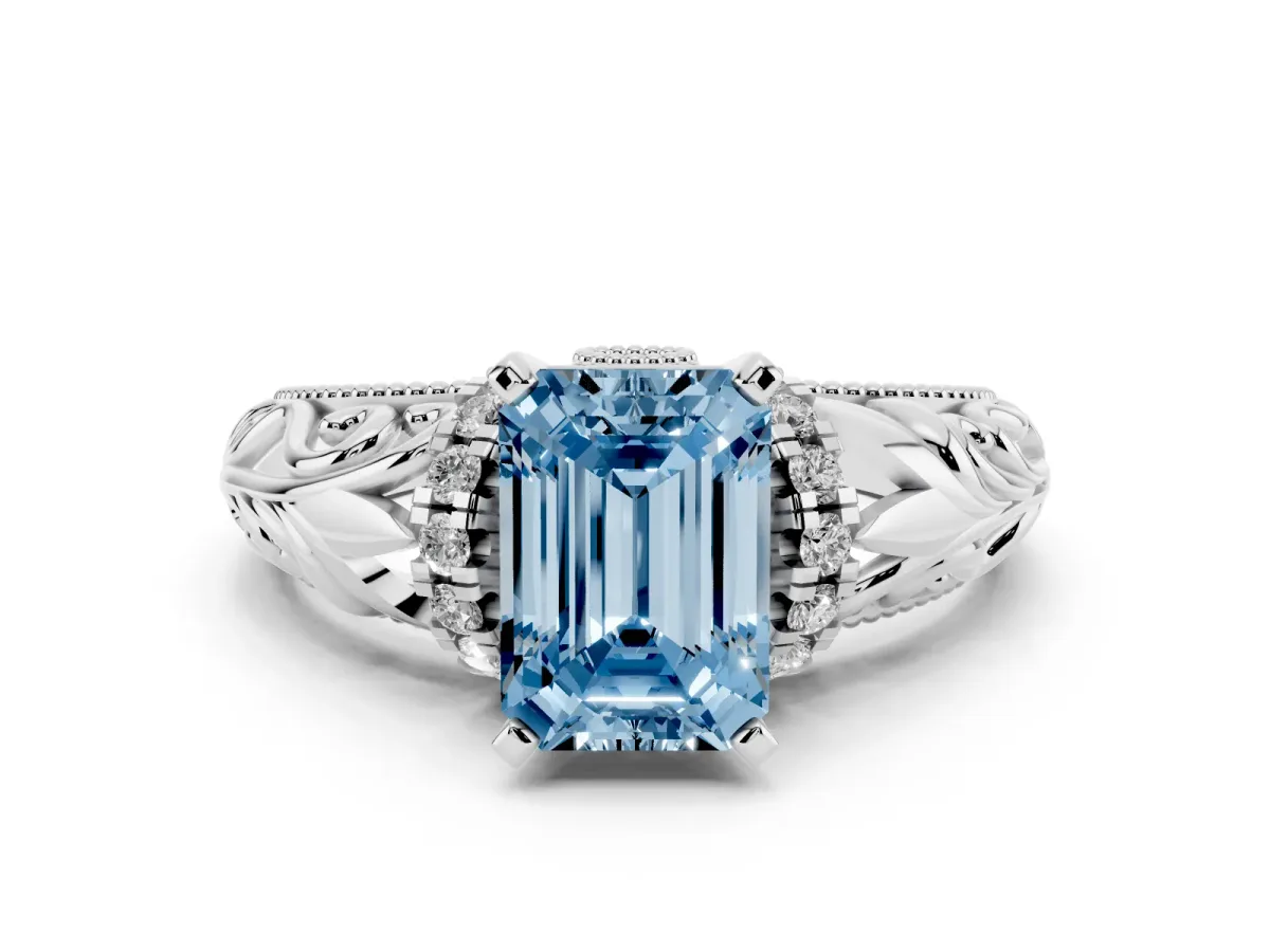 Fancy Blue Emerald Cut Solitaire Filigree Engagement Ring with Halo and Prong Setting White gold