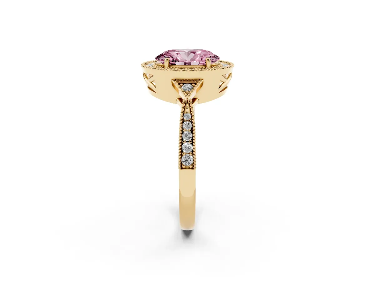 Fancy Pink Oval Cut Halo Round Diamond Milgrain Pave Engagement Ring Yellow gold