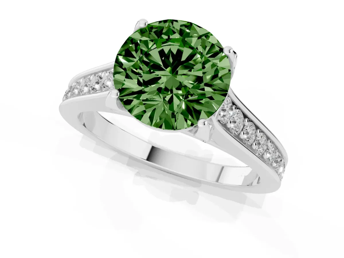 Fancy Green Round Cut Brilliant Cut Diamond Engagement Ring with Pavé Band and Four-Prong Setting Platinum