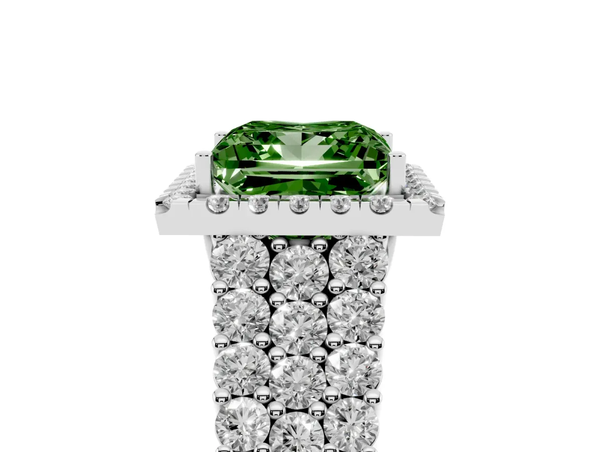 Fancy Green Princess Cut Diamond Halo Engagement Ring with Triple Row Round Pavé Band and Prong Setting Silver