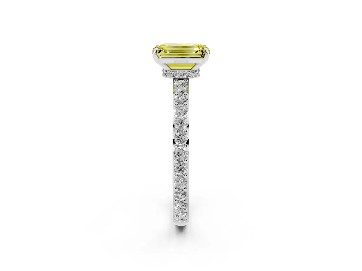 Fancy Yellow Emerald Cut Diamond Pavé Engagement Ring with Round Accents and Prong Setting Platinum
