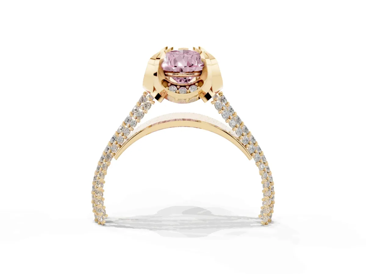 Fancy Pink Pear Cut Solitaire Pave Split Shank Ring with Four-Prong Setting Yellow gold