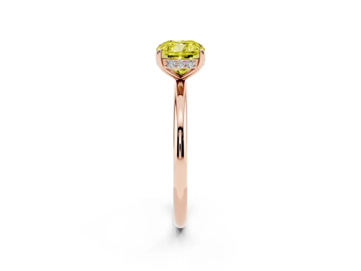 Fancy Yellow Cushion Cut Solitaire Diamond Ring with a Classic Band and Four-Prong Setting Rose gold