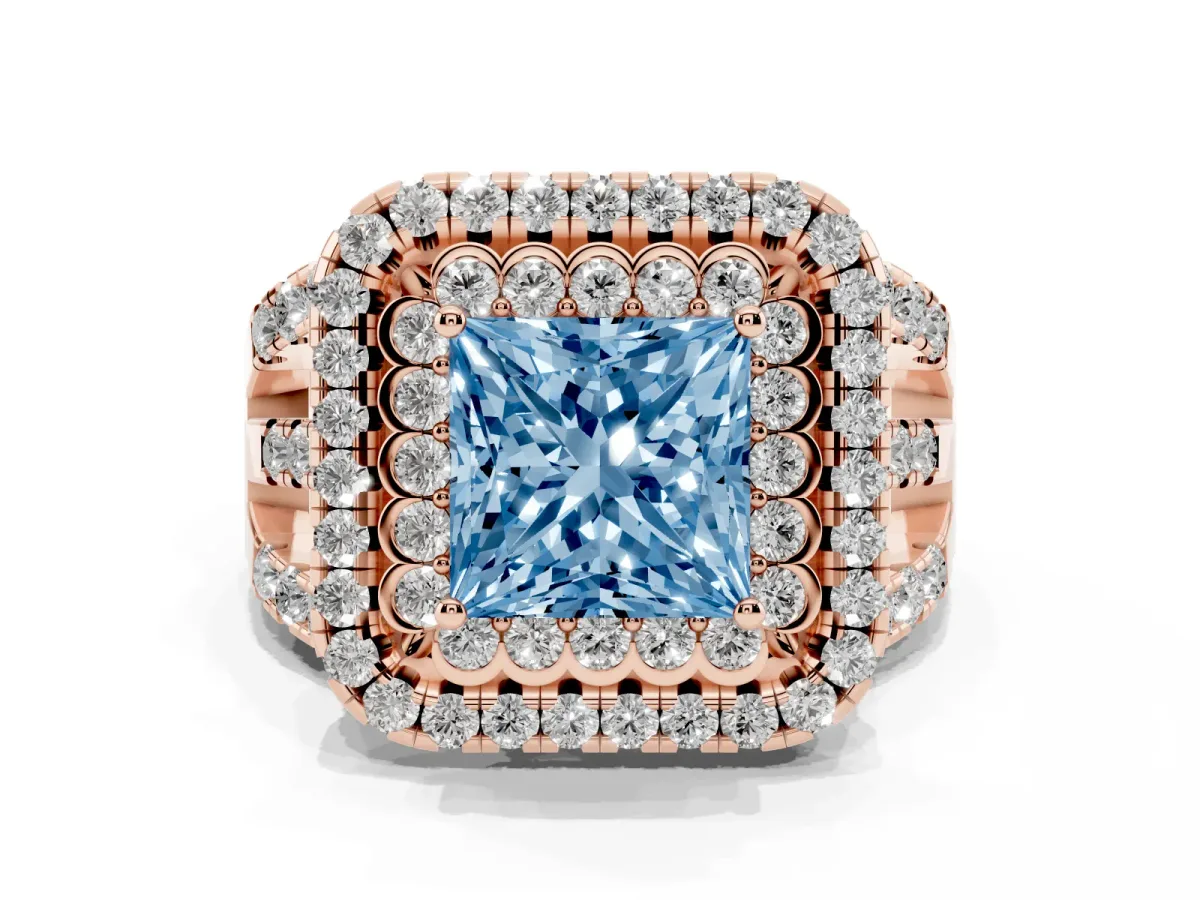 Fancy Blue Princess Cut Diamond Double Halo Ring with Round Pavé Split Shank and Prong Setting Rose gold