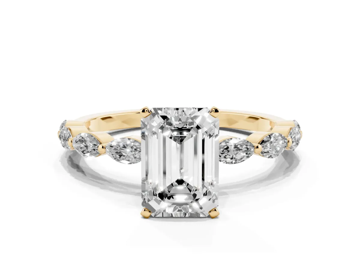 Emerald Cut Diamond Ring with Marquise Side Stones and Prong Setting Yellow gold