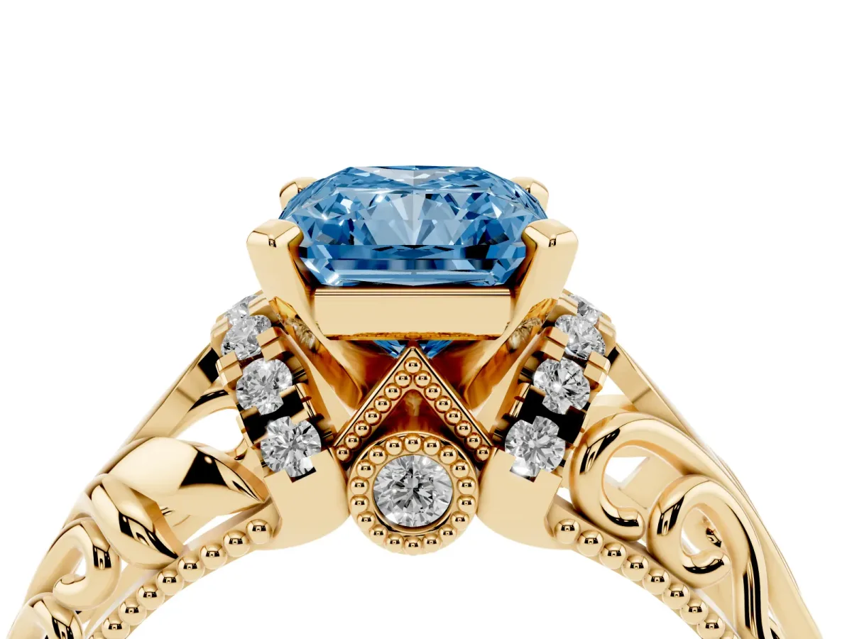 Fancy Blue Radiant Cut Solitaire Filigree Engagement Ring with Halo and Prong Setting Yellow gold