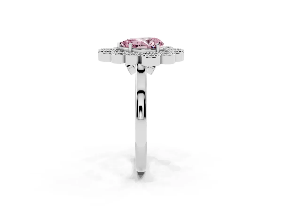 Fancy Pink Pear Cut Halo Diamond Cluster Engagement Ring with Milgrain Bezel Setting and Solitaire Band White gold