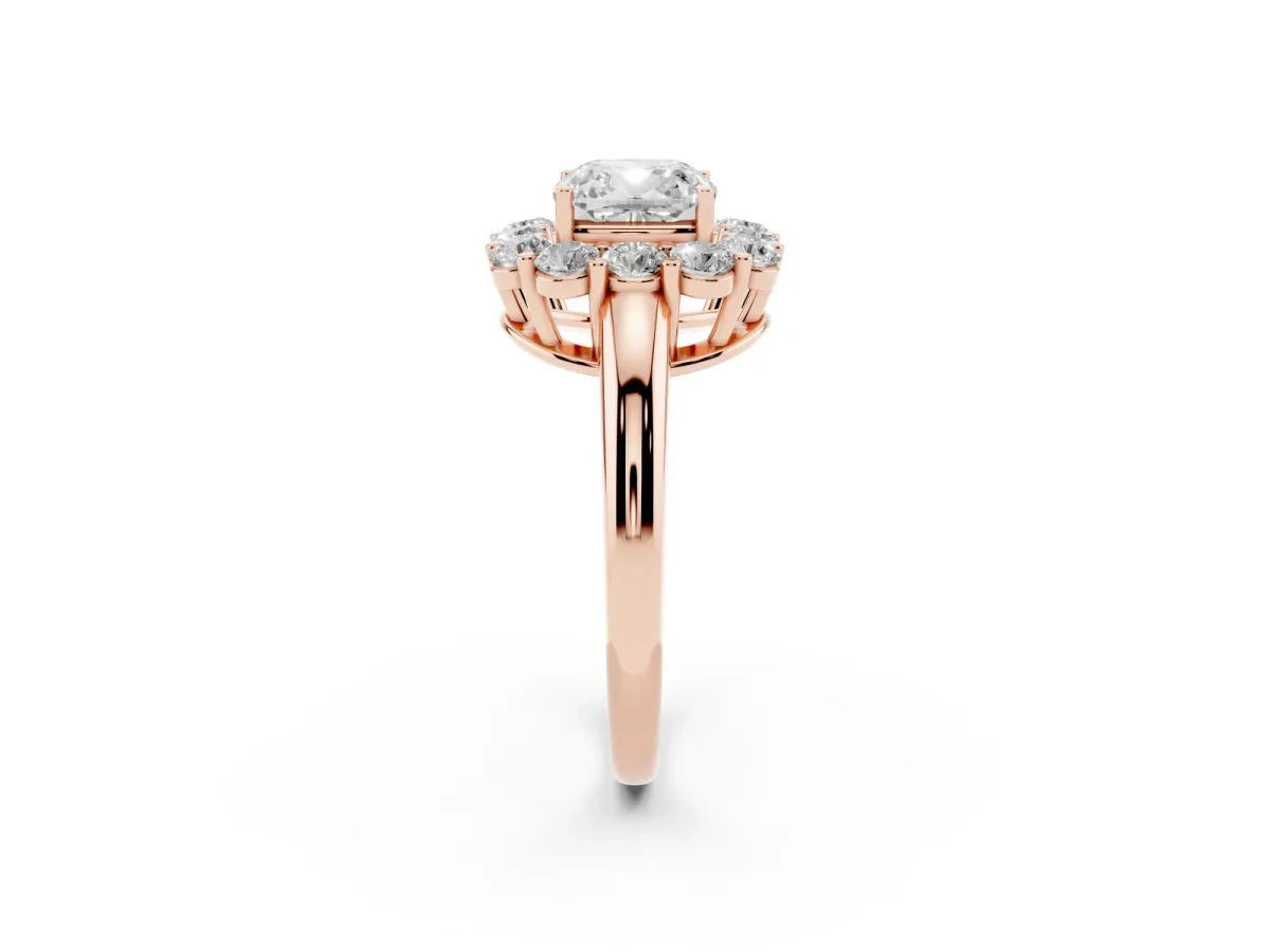 Cushion Cut Halo Cluster Diamond Engagement Ring with Prong Setting and Polished Band Rose gold