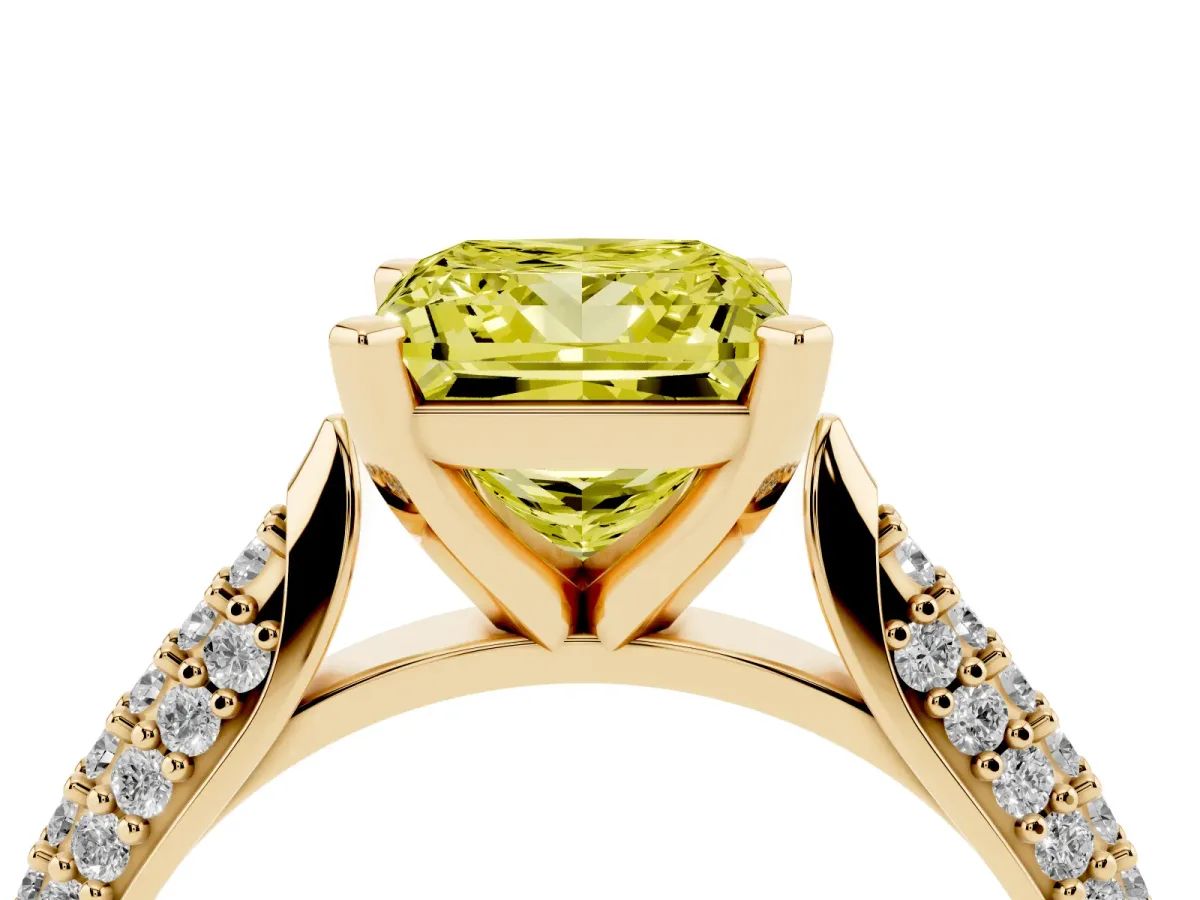 Fancy Yellow Princess Cut Diamond Solitaire Engagement Ring with Multi-Row Round Pavé Band and Prong Setting Yellow gold