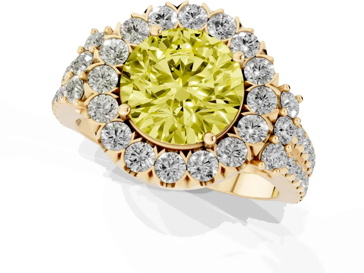 Fancy Yellow Round Cut Cut Double Halo Diamond Engagement Ring with Pave Band and Four-Prong Setting Yellow gold
