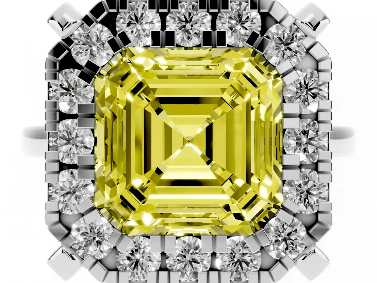 Fancy Yellow Asscher Cut Diamond Cluster Halo Solitaire with Four-Prong Setting Silver