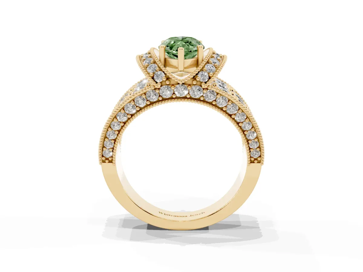 Fancy Green Marquise Cut Halo Pave Diamond Engagement Ring with Milgrain Detailing Yellow gold