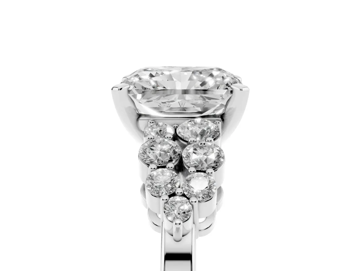 Radiant Cut Cluster Diamond Engagement Ring with Pavé Band and Four-Prong Setting Silver