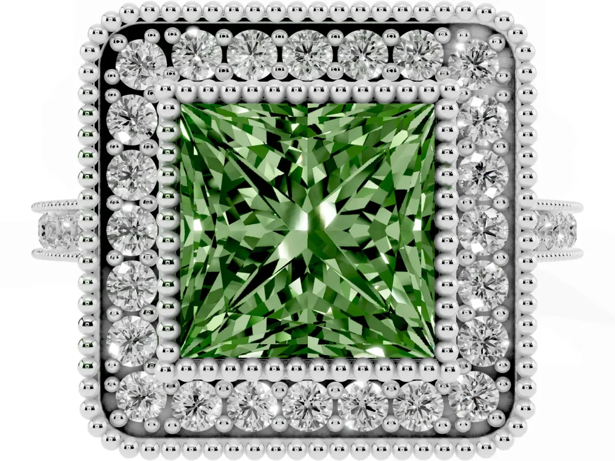 Fancy Green Princess Cut Diamond Halo Ring with Milgrain Frame and Pavé Band Platinum