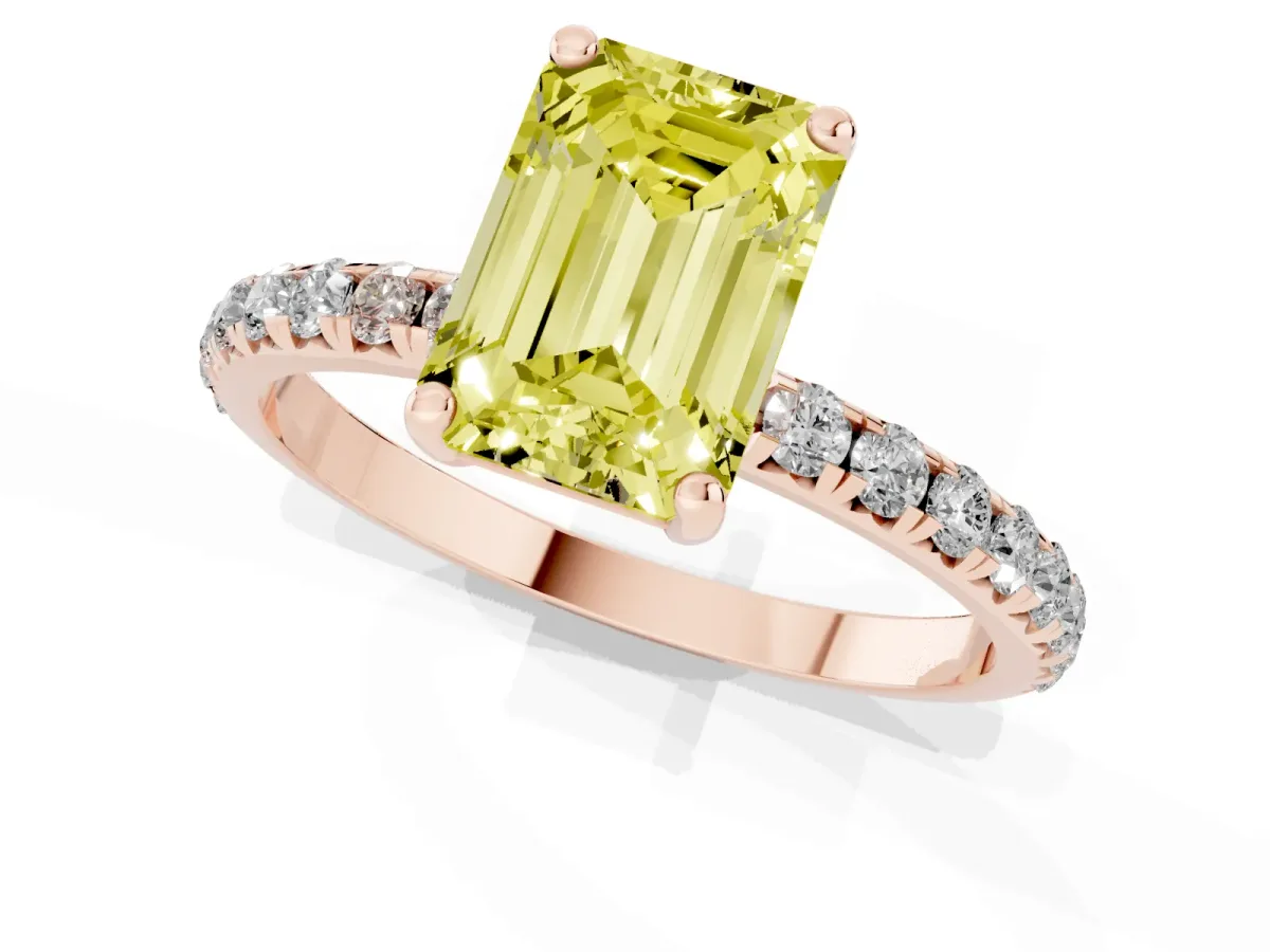 Fancy Yellow Emerald Cut Cut Diamond Solitaire Ring with Micro Pave Band and Four Prong Setting Rose gold