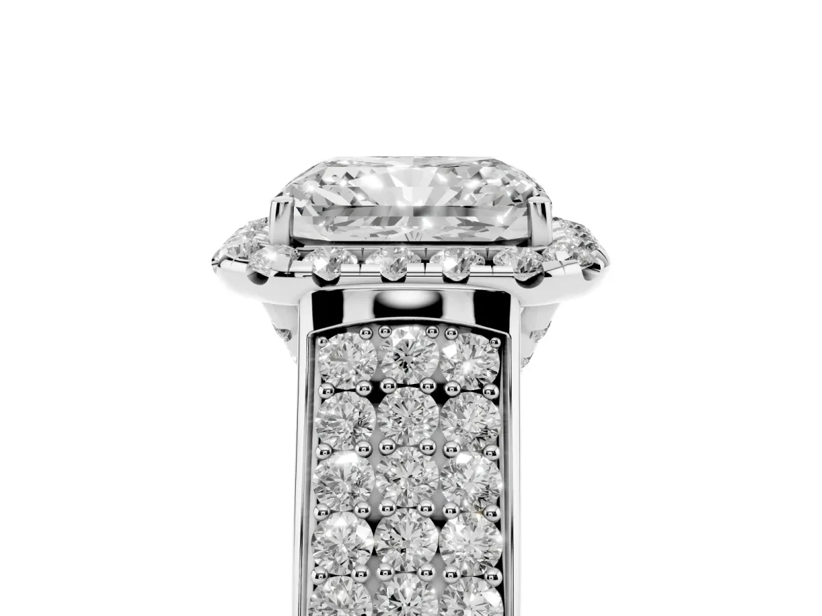 Radiant Cut Halo Round Diamond Pave Band with Prong Setting Silver
