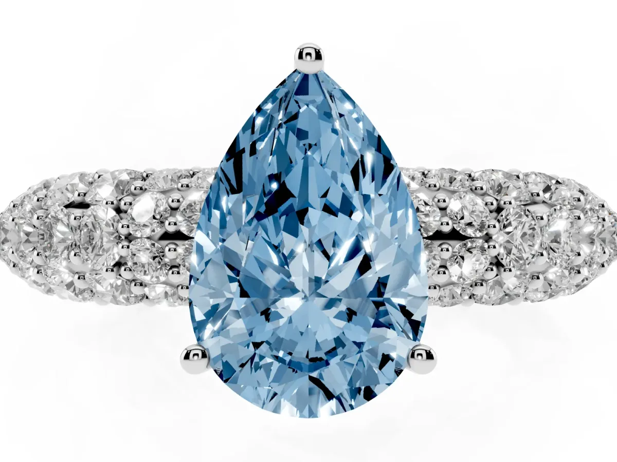 Fancy Blue Pear Cut Diamond Pavé Band Solitaire Ring with Four-Prong Setting Silver