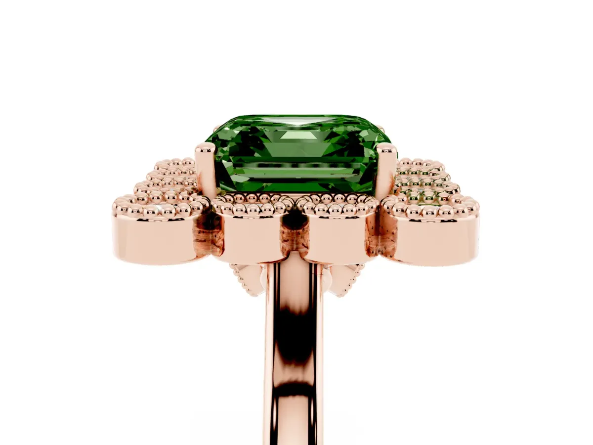 Fancy Green Asscher Cut Halo Diamond Cluster Engagement Ring with Milgrain Bezel Setting and Solitaire Band Rose gold