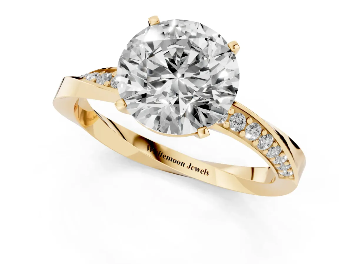 Round Cut Diamond Engagement Ring with Side Stone Accents and Four-Prong Setting Yellow gold