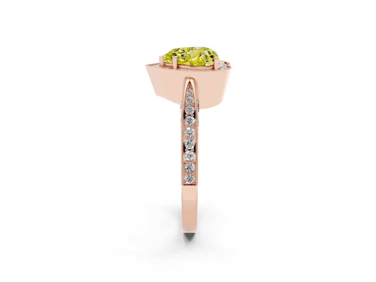 Fancy Yellow Heart Cut Halo Diamond Engagement Ring with Split Shank Band and Four-Prong Setting Rose gold