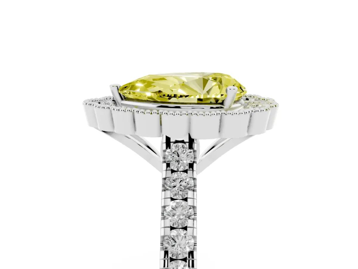 Fancy Yellow Pear Cut Cut Diamond Milgrain Floral Halo Engagement Ring with Pavé Band White gold