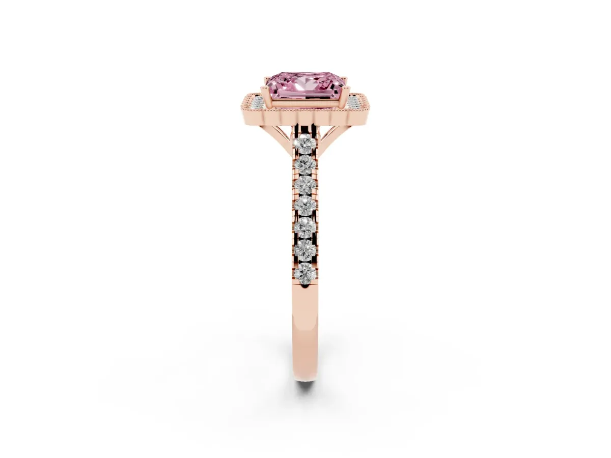 Fancy Pink Princess Cut Cut Diamond Milgrain Floral Halo Engagement Ring with Pavé Band Rose gold