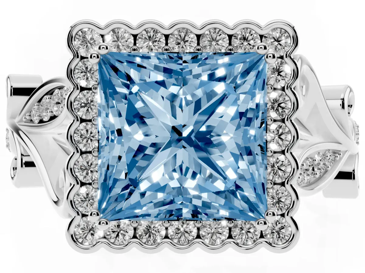 Fancy Blue Princess Cut Diamond Halo Ring with Vintage Split Shank and Four-Prong Setting Silver