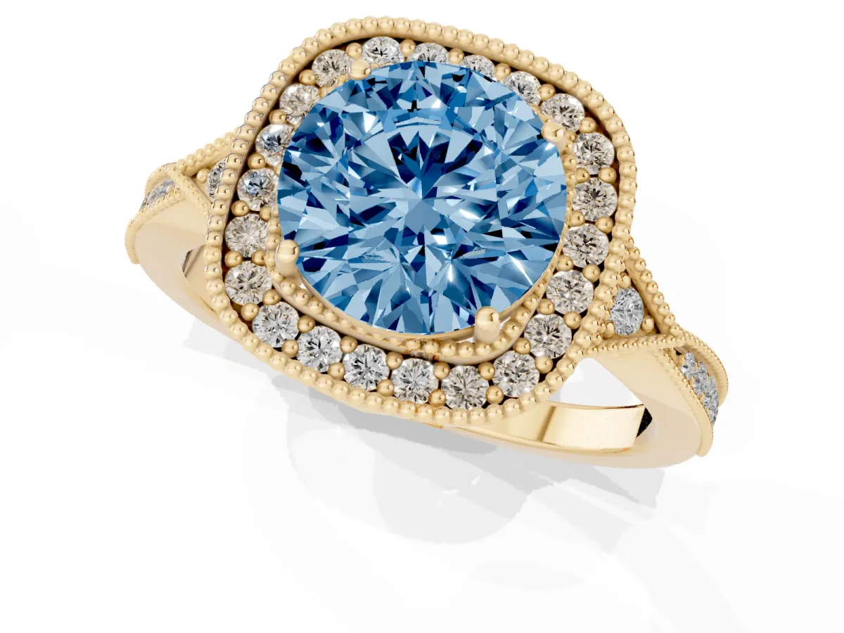 Fancy Blue Round Cut Halo Round Diamond Milgrain Pave Engagement Ring Yellow gold