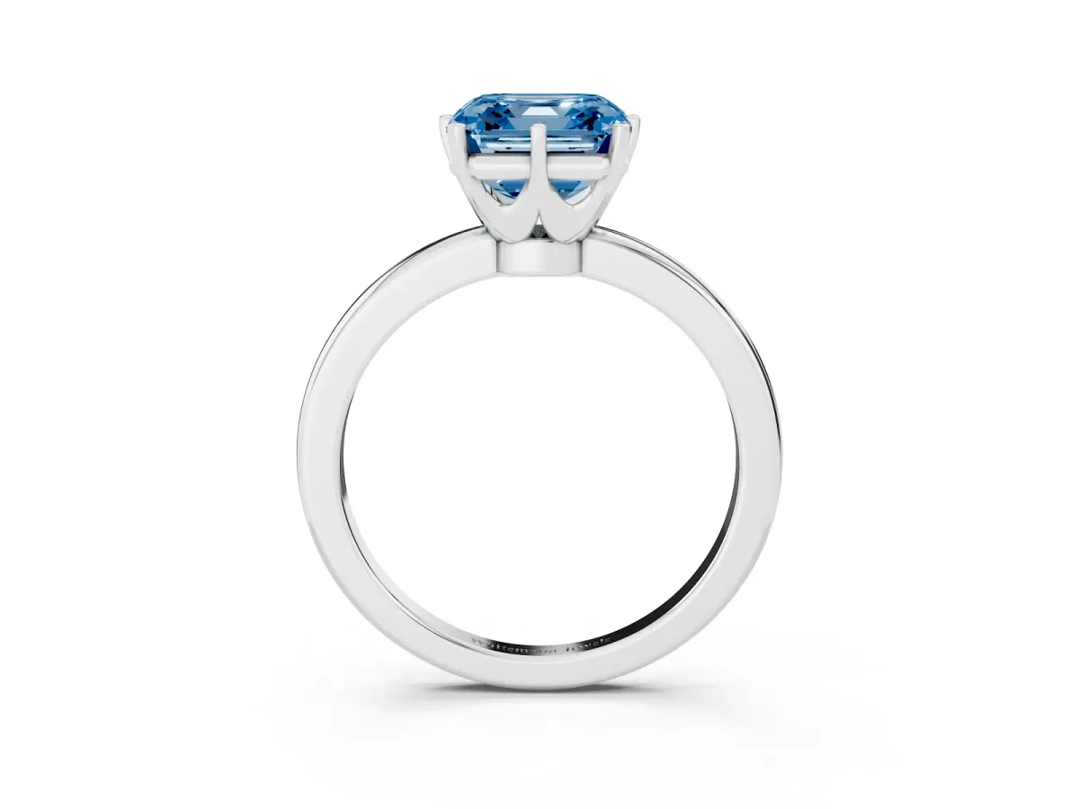 Fancy Blue Asscher Cut Solitaire Diamond Ring with Six-Prong Setting on a Classic Band Silver
