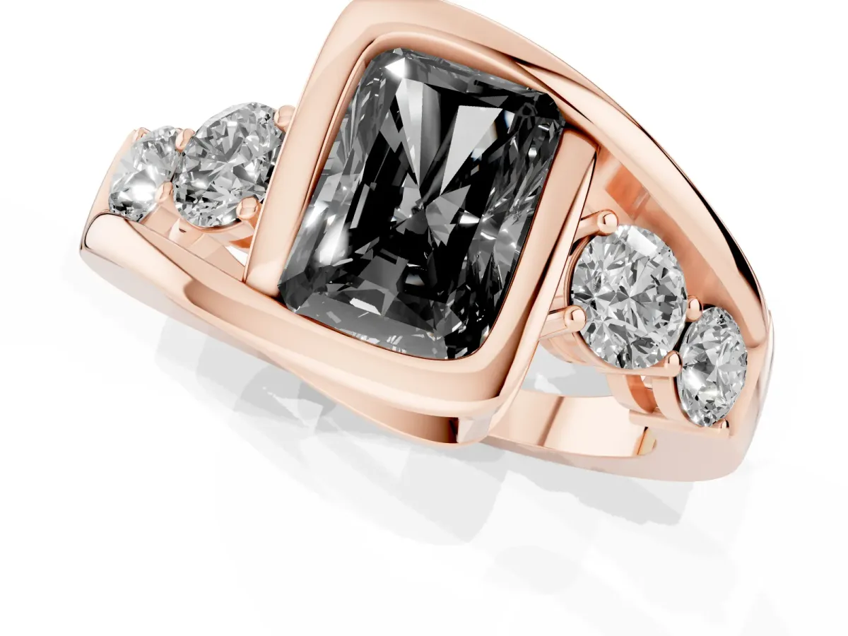 Fancy Black Bezel Set Radiant Cut Diamond Bypass Ring with Round Accents Rose gold