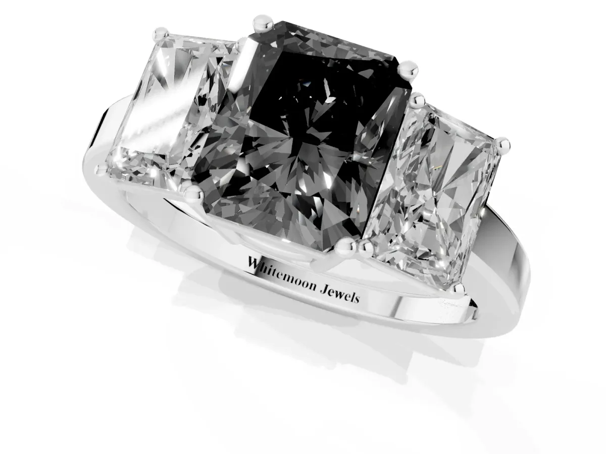 Fancy Black Three-Stone Radiant Cut Cut Diamond Engagement Ring with Flat Band and Four-Prong Setting Silver
