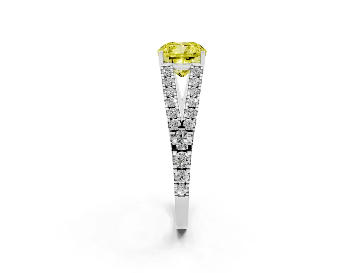 Fancy Yellow Cushion Cut Diamond Split Shank Engagement Ring with Round Pavé and Prong Setting Silver
