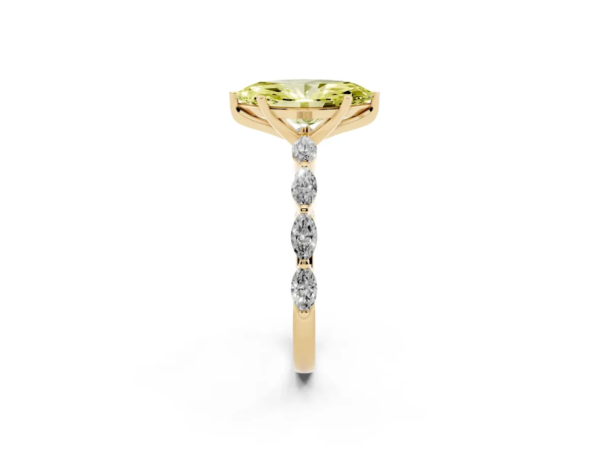Fancy Yellow Marquise Cut Diamond Ring with Marquise Side Stones and Prong Setting Yellow gold